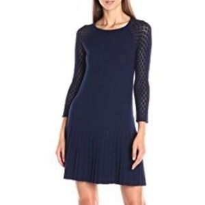 Shoshanna Navy Lisette Knit drop waist pleated long sleeve dress size M